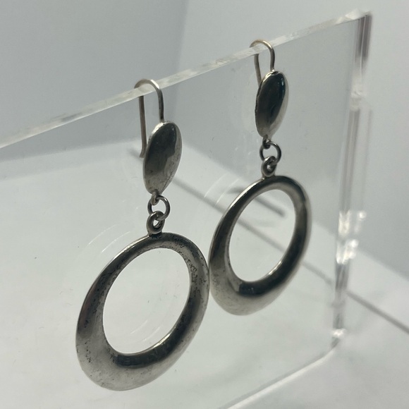 Modernist sterling silver disc hoop dangle earrings vintage - Picture 4 of 16